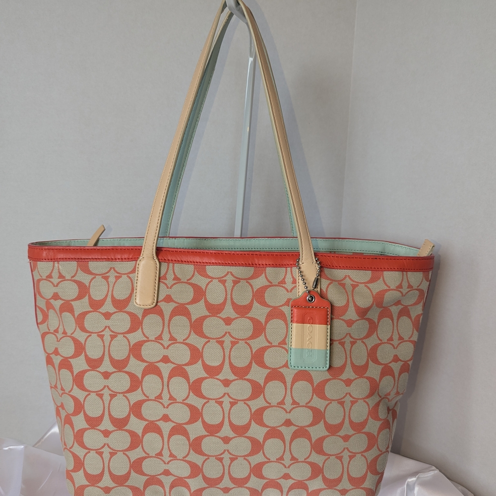 Coach Legacy Weekender Signature Tote Bag - Coral, Cream and Tiffany Blue Color